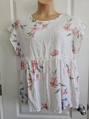 Shop Basic L White Floral Babydoll Tunic Top - Pink & Green Print